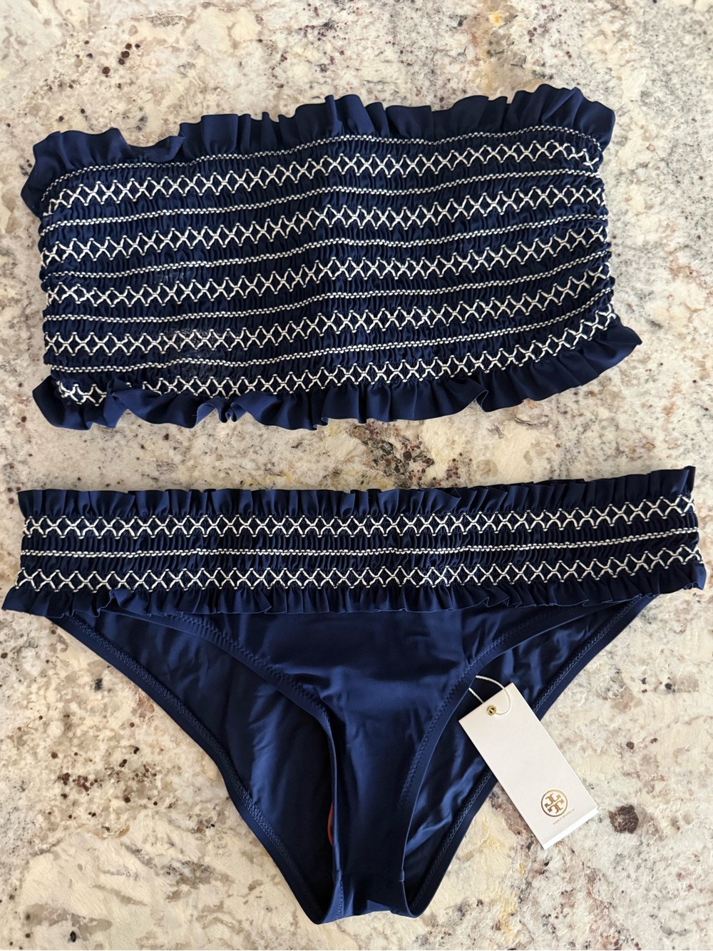 Tory Burch Costa Navy Smocked Bandeau Bikini Set, Women’s Size Medium